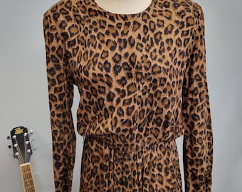 Vestido vintage de rayón con estampado de leopardo de los años 80 - Lew Magram - Hecho en EE. UU.