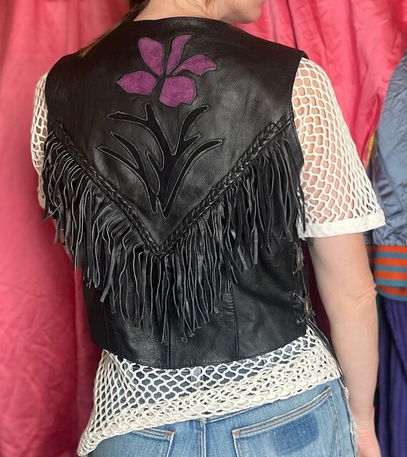 Vintage 80s Black Leather Vest / Purple Suede Frin