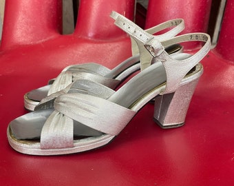 Vintage 60s Metallic Silver Pumps: Disco Mod Chunky Heel Sandals, Size 7