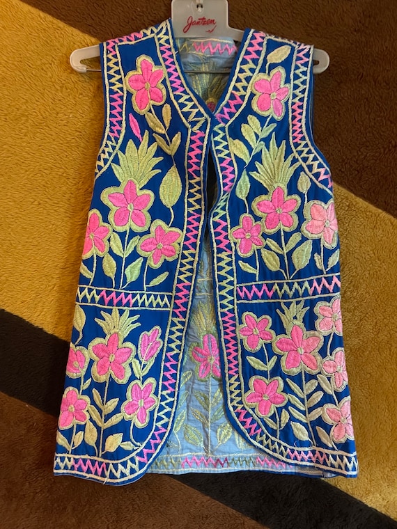 vtg 60s heavily embroidered waistcoat blue & pink 