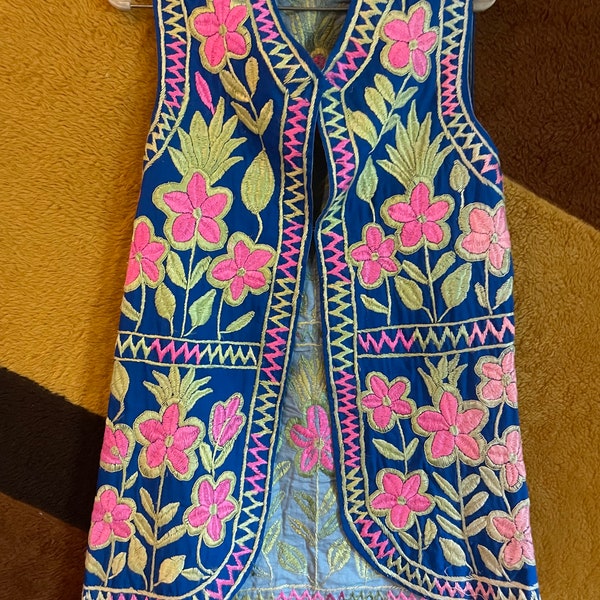 vtg 60s heavily embroidered waistcoat blue & pink floral tapestry vest bright neon hippie kitschy hand embroidered psychedelic long vest