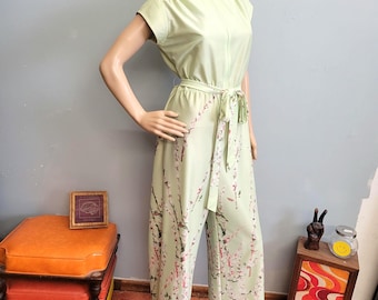 vtg 70s Green Floral Jumpsuit, Leslie Fay Palazzo Pants