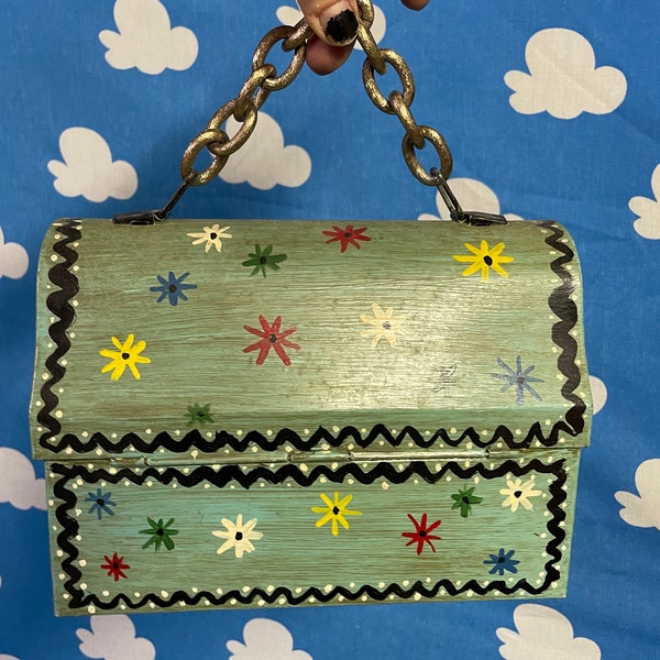 Vintage 60s kitschy Ric Rac Lunch Pail Purse / Chain Handle Purse / Hand Painted Mod Wooden Purse / Funky Hippie Retro Top Handle Purse