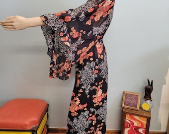 Vintage 70s Angel Sleeve Floral Maxi Dress, Boho V-Neck Sheer Style