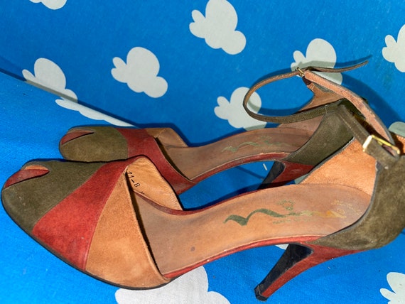 Vintage 70s Multicolored Suede Patchwork Heels / … - image 6