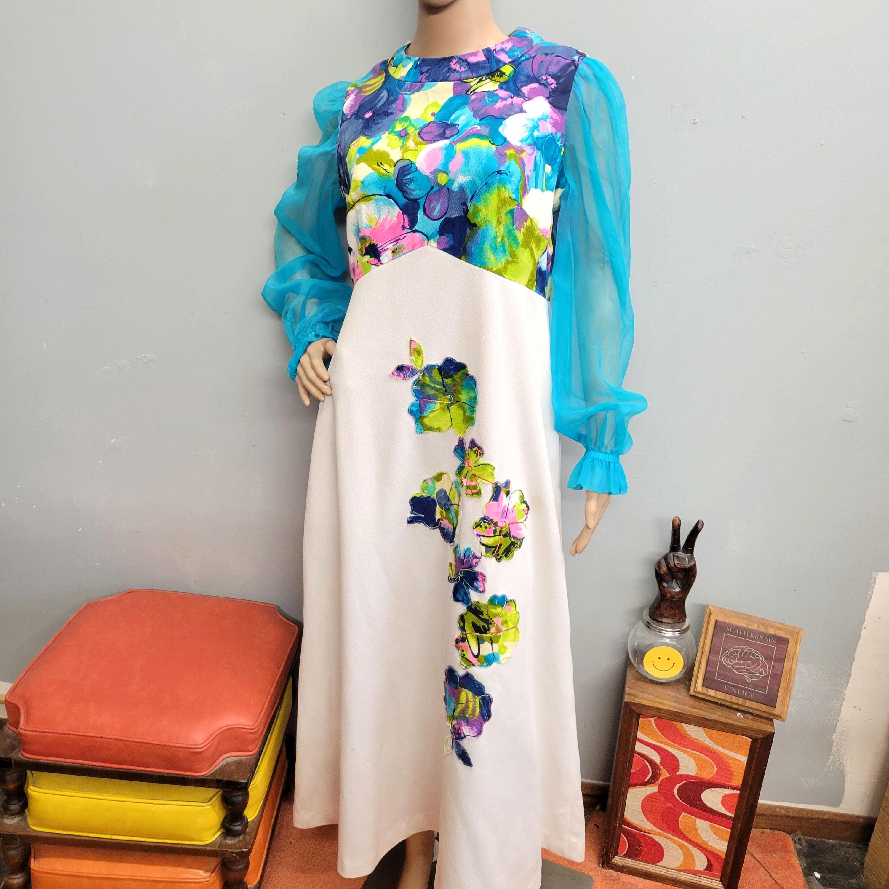 レディース 70sヴィンテージ 花柄シフォンフロッキーマキシドレス