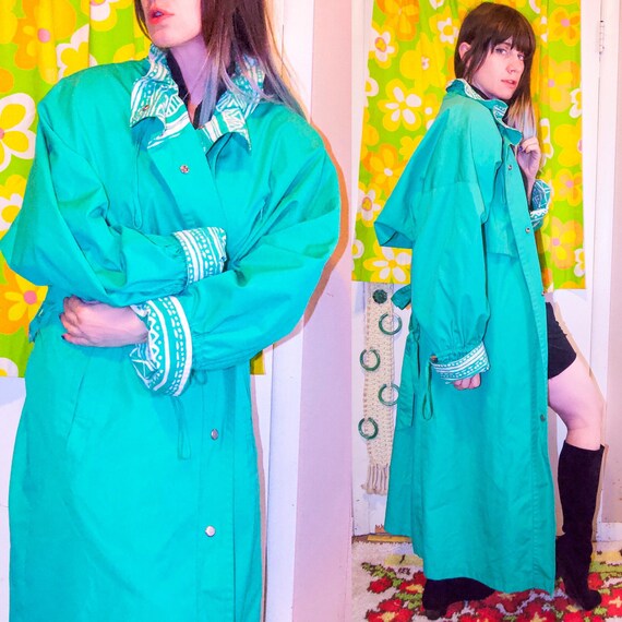 Vintage 80s Bright Green Trench Coat Abstract Print Two Tone