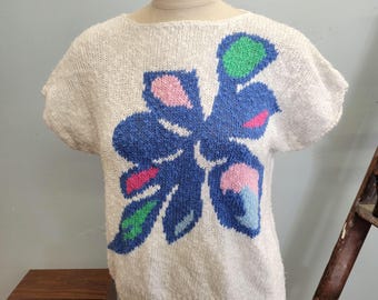 Vintage 80s Floral Sweater Top: Lindsay Blair Funky Cropped Blouse