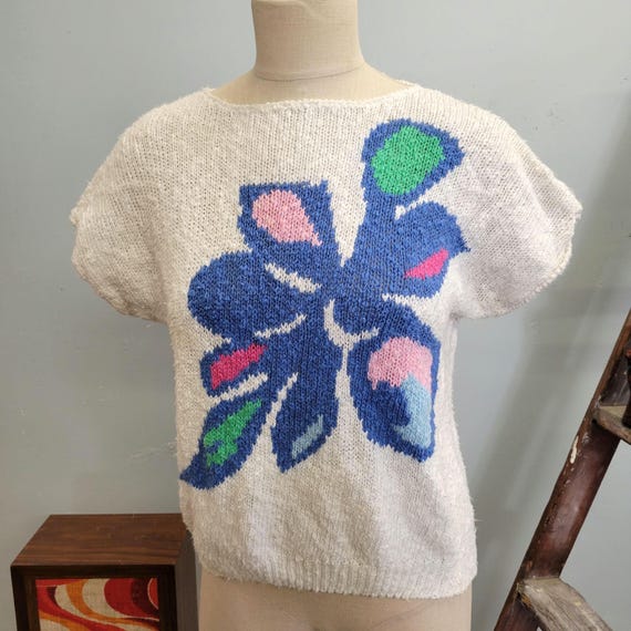 vtg 80s FLORAL SWEATER TOP // vintage lindsay blair large womens funky retro cropped spring style blouse pastel abstract chunky popcorn knit