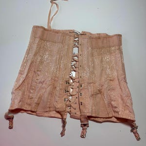 vtg 40s WOMENS GARTER BELT  vintage size 34 blush pink lace up boned garter belt mini skirt floral pattern shapewear corset coquette boudoir