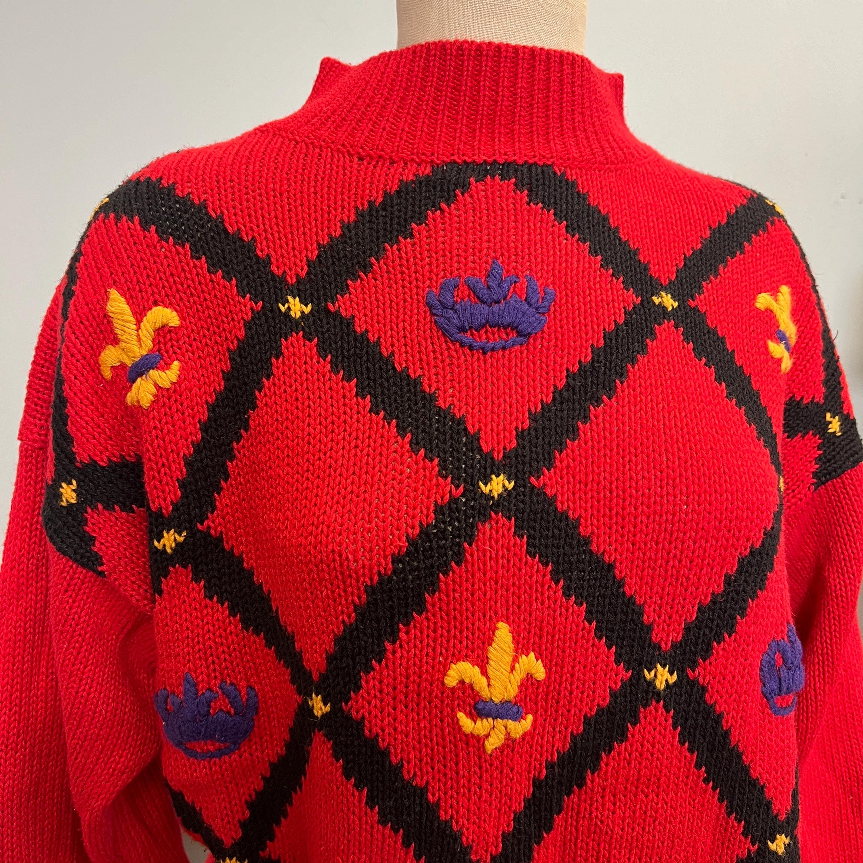 Vtg 80s Fleur De Lis Knit Sweater - Red Chunky Mock Neck - Etsy