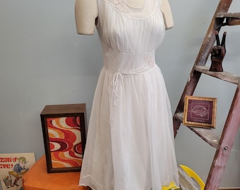 vtg 50s White Whimsy Nightgown, Embroidered Lace Slip, Medium