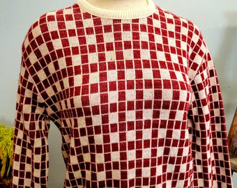 Vintage 70-tals rödrutig stickad tröja: Geometrisk mod-tröja