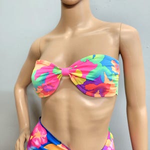 Vtg 80s Psychedelic Strapless Bikini Top, watercolor abstract swimsuit