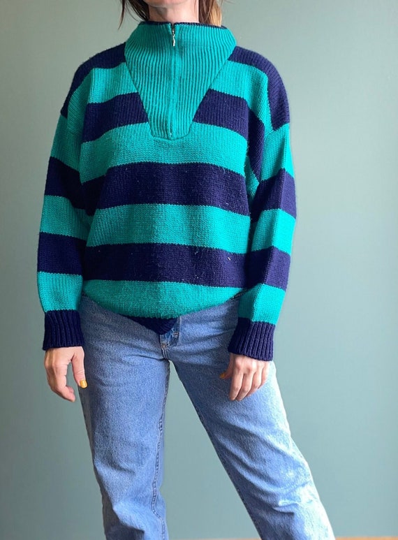 Vtg 80s Teal & Black Striped Slouchy Sweater / Zip