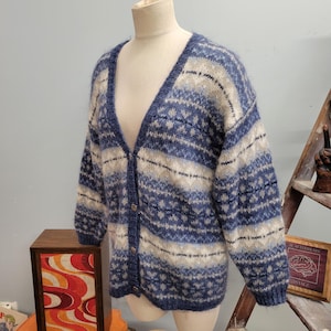 vtg 90s BLUE PATTERNED MOHAIR Cardigan // vintage Maurice&#39;s small oversized womens comfy retro fuzzy striped spring v neck chunky sweater