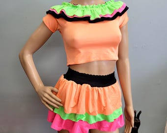 vtg 80s 2 Piece Neon Ruffle Outfit, Color Block Spandex Swimsuit Costume
