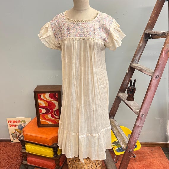 sachin and babi light blue dress 70s Embroidered Gauze Dress: Vintage Floral Linen Pastel Dress