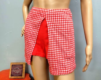 vtg 60s Gingham Skorts, Retro Mod Hot Pants Playsuit Beach Cover Up