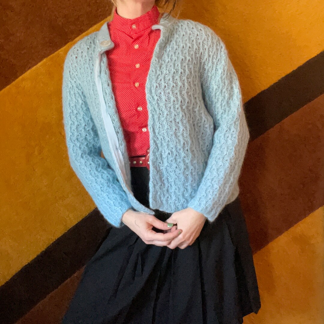 Vintage 60s Ice Blue Mohair Cardigan: Pastel Button-up Sweater