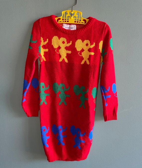 Vintage Kids 70s Elephant Dress / Funky Pop Art Rainbow Animal