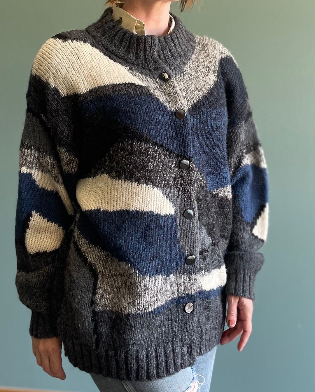 Vtg 80s PATTERNED MOHAIR SWEATER // Vintage Chunky Button up Fuzzy ...