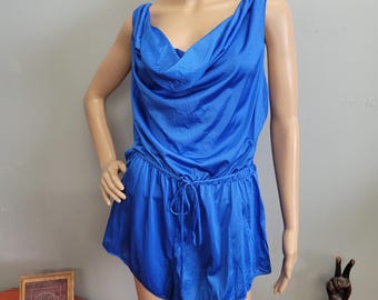 vtg 70s Flowy Blue ROMPER, silky tie waist jumpsuit beach wear