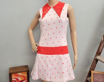 vtg 60s Mod Romper Playsuit, Polka Dot Pointy Collared Mini