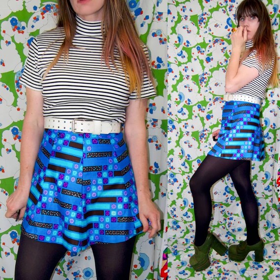 Vintage BLUE Floral PSYCHEDELIC A Line Retro Mini