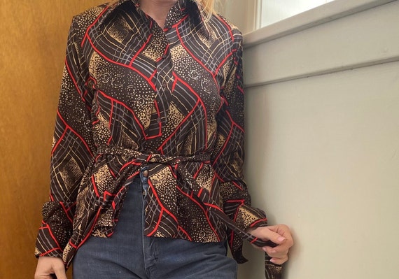 Vintage 70s Belted Polyester Shirt // Abstract Pr… - image 3