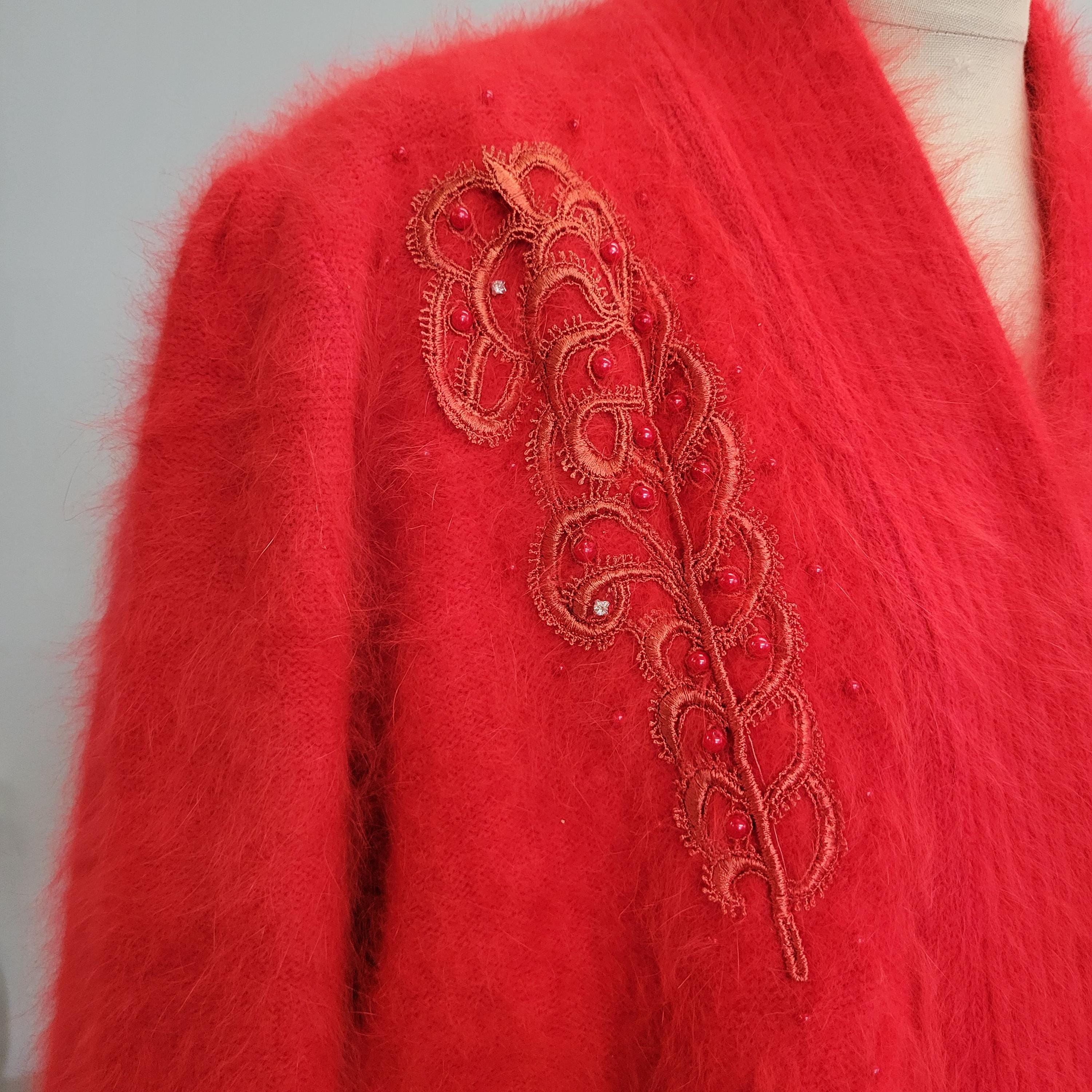 Vintage 80s Fuzzy Mohair Cardigan: Lee Sands Beaded Sweater Jacket 