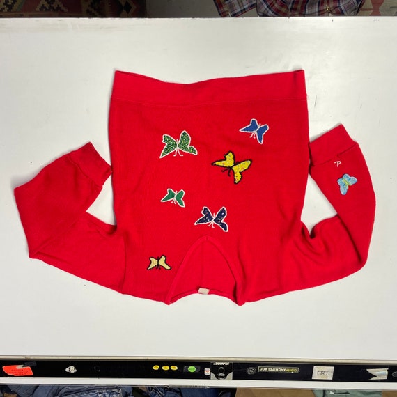 Vintage 70s patchwork butterfly sweater v neck sc… - image 4