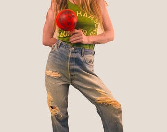 VTG Lata 70. Lata 80. Levi's Bardzo zniszczone, rozmiar 38, męskie, niebieskie dżinsy z guzikami