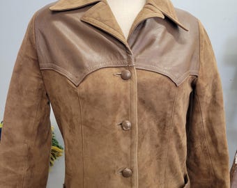 vtg 70s LEATHER SUEDE JACKET, vintage buckskin patent leather hippie western ranch style