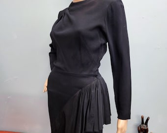 1940s Art Deco Black Peplum Dress: Asymmetrical Ruffle Hem Vamp Style