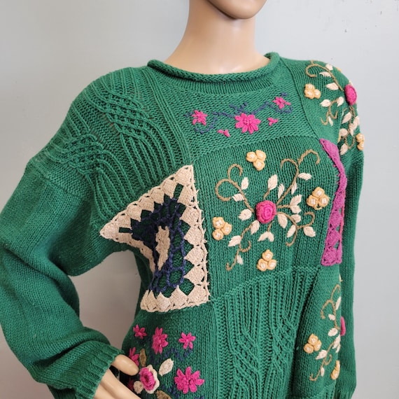 Vtg 80s EMBROIDERED PATCHWORK SWEATER // vintage … - image 1
