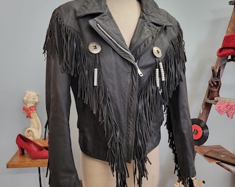 vtg 70s LEATHER FRINGE JACKET // vintage bermans leather experts size 14 metal conch and tassel western biker cowboy style beaded cropped