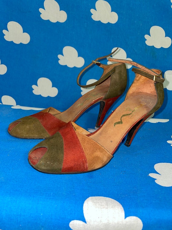 Vintage 70s Multicolored Suede Patchwork Heels / … - image 7