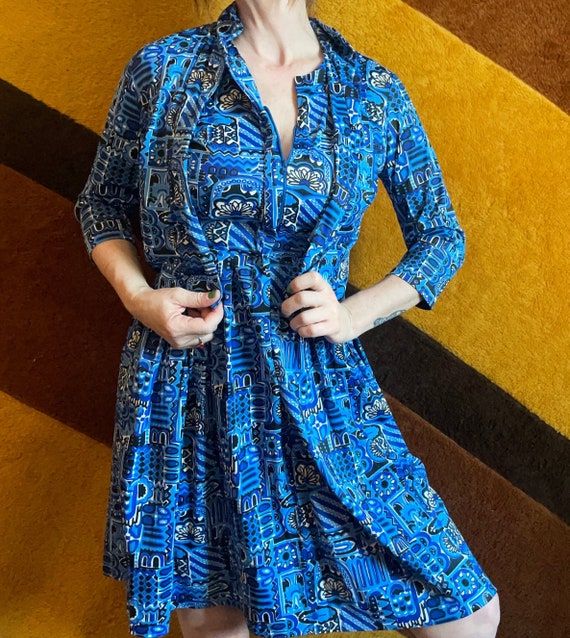 Vtg 60s 2 PIECE JERSEY DRESS Abstract Pattern Set With Pockets School Outfit Bright Blue Tiki Party Mod Retro Autumn Layers Teacher Style Etsy Canada