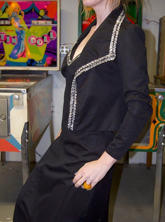 vintage 70s Rhinestone Disco Maxi Dress // Black … - image 10