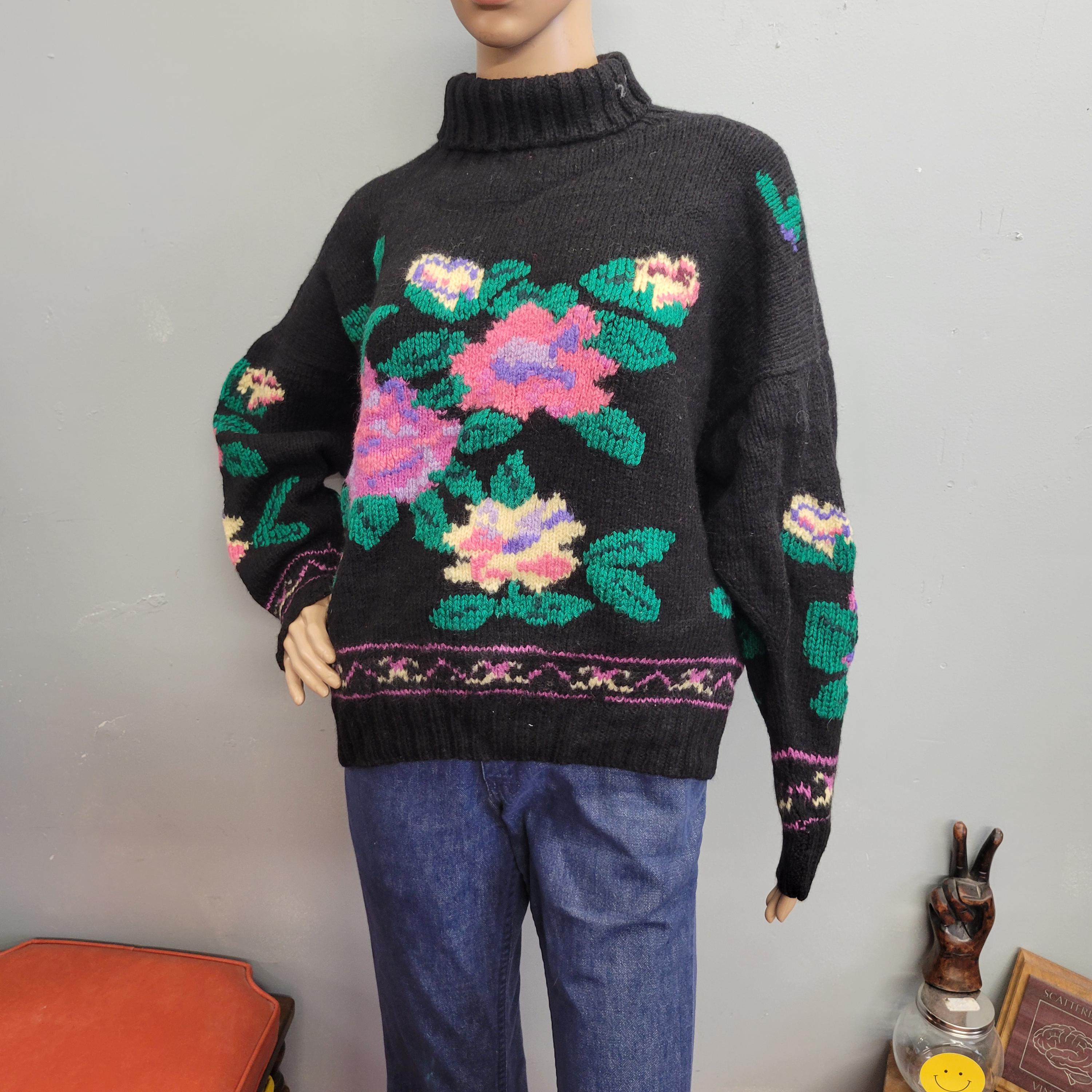 Vtg 80s Bouquet KNIT Black TURTLENECK SWEATER : Vintage Oversized