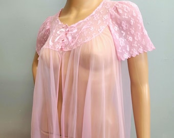 vtg 50s Pink Lace Peignoir, Chiffon Ribbon Mesh Full Length Nightie