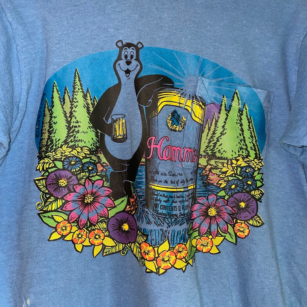 Vtg 70s Hamm's Beer Bear Iron on Pocket Tee Neon Psychedelic Lake ...