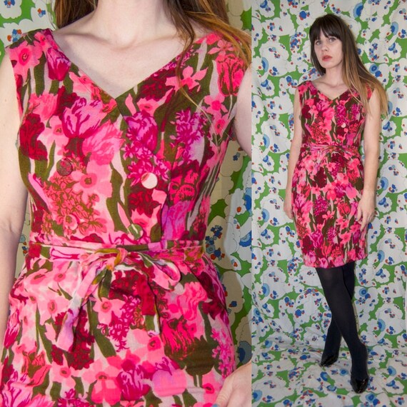 Vintage 1960's Hot Pink FLORAL Garden Print Belted