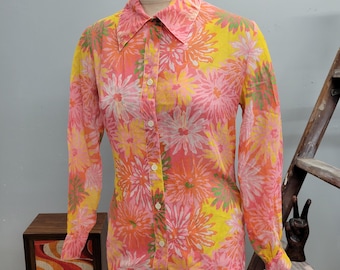 Vtg 70s SHEER FLORAL BLOUSE : Vintage Saks Fifth Avenue Size 12