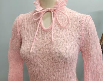 70s Pink Knit Sweater: Vintage Ruffle Sheer Pastel Top