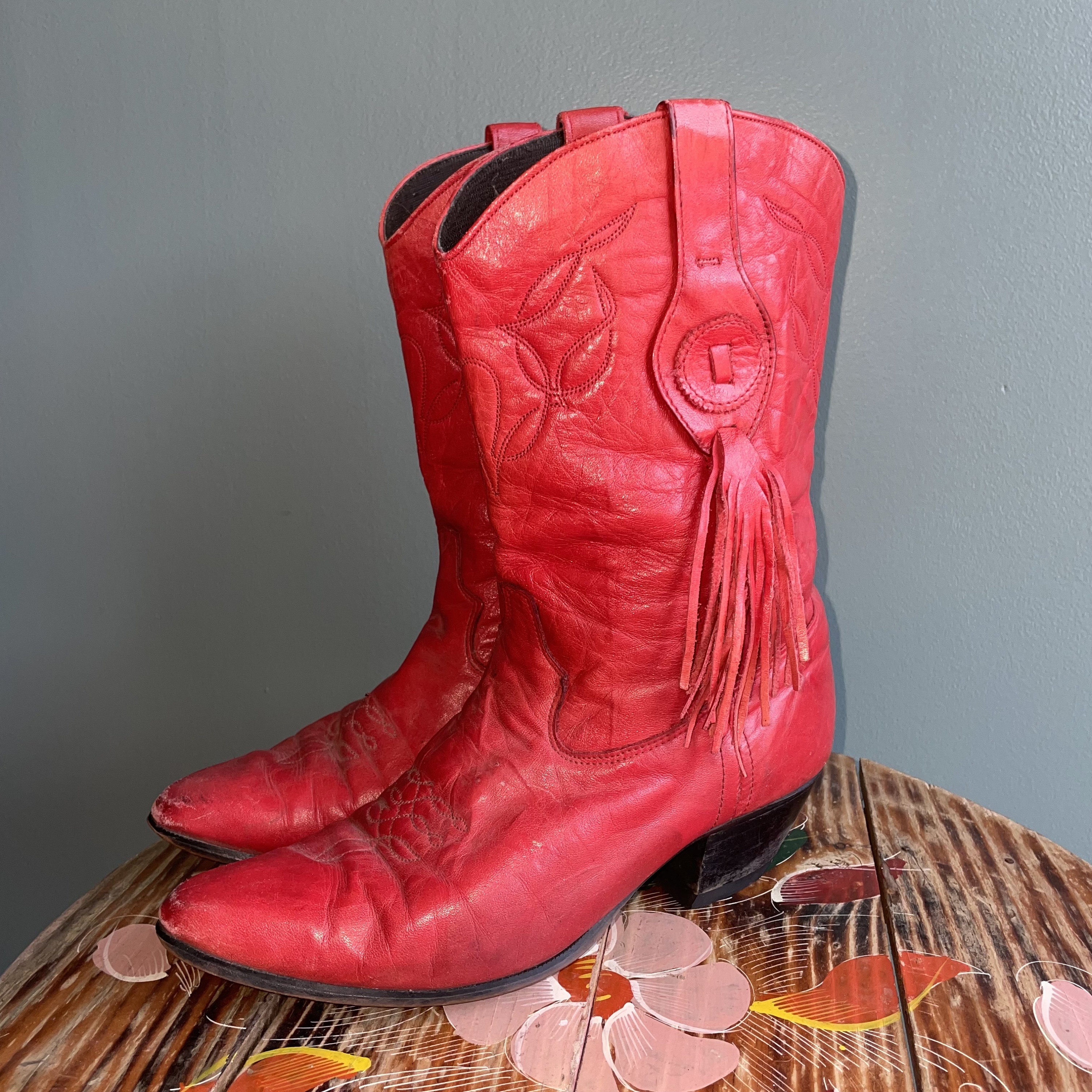 Vtg 80s RED FRINGE WESTERN botas laredo puntiagudas botas vaqueras