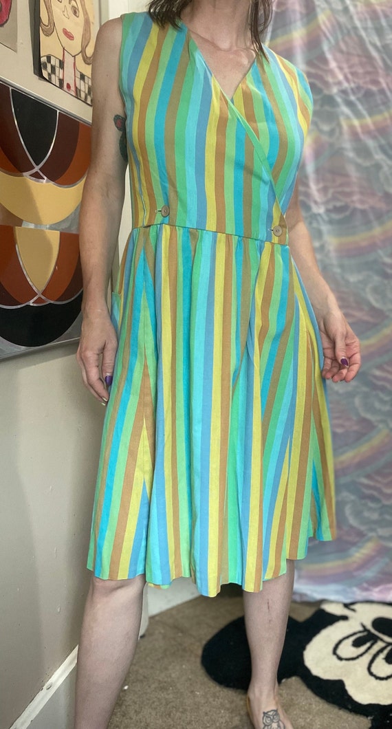 Vintage 50s 60s Pastel Striped Wrap Dress / Blue … - image 7