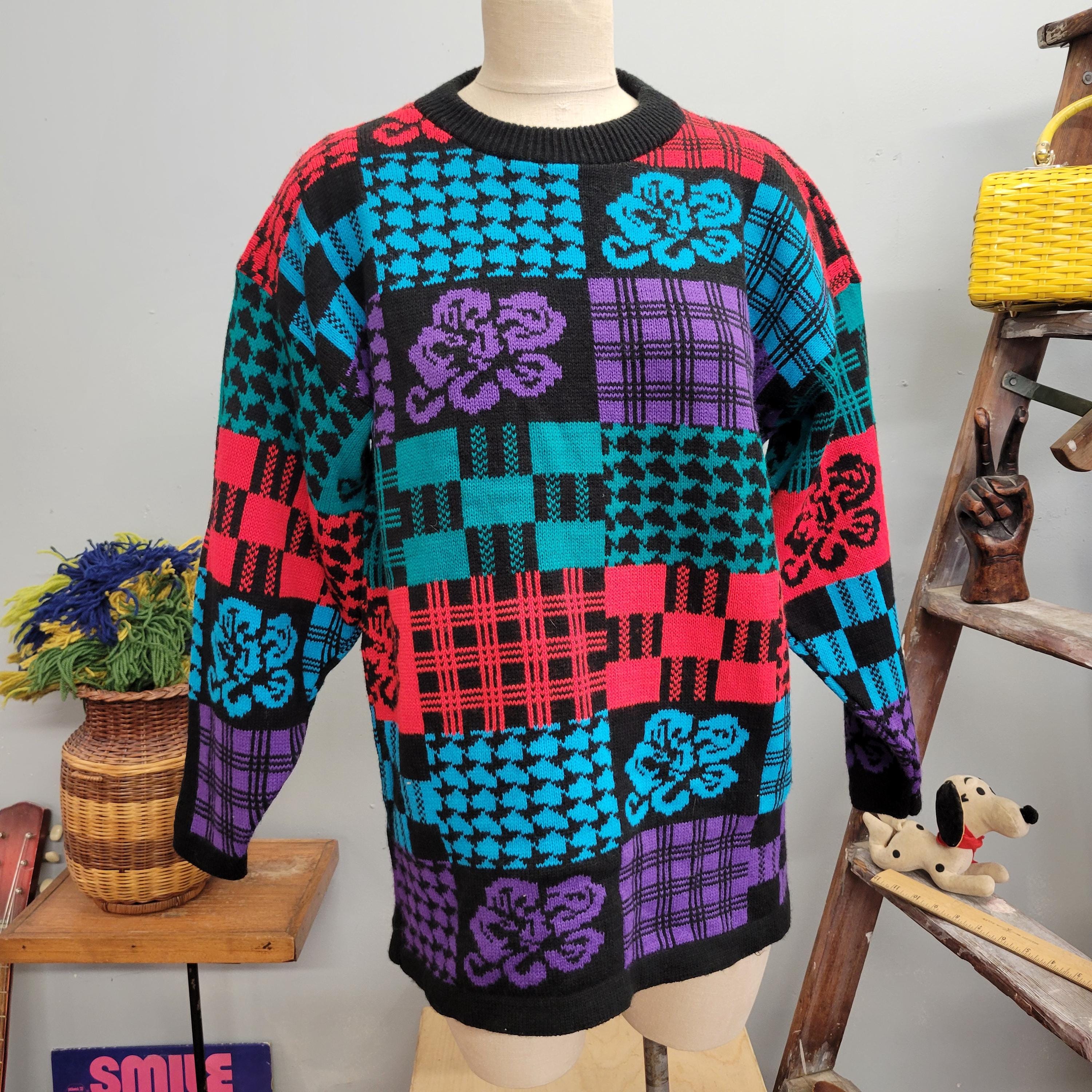 Vtg 80s Funky Pattern Sweater: Abstract Checkered Knit, Oversized