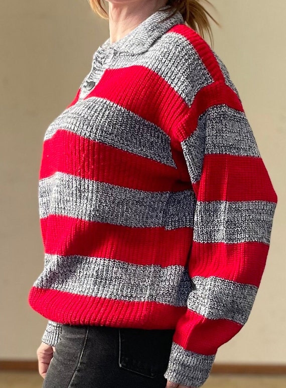 Vintage 80s Red & Grey Striped Sweater / Slouchy … - image 7
